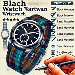 An illustration showcasing a checklist for selecting the perfect Black Watch tartan wristwatch, considering factors like watch movement, band material, and price