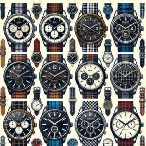 A comparison chart illustrating different styles of Black Watch tartan wristwatches, including classic, modern, and sporty designs