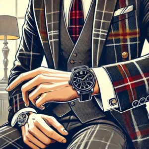 An illustration of a stylish person wearing a Black Watch tartan wristwatch in an elegant setting, such as a formal event or business meeting
