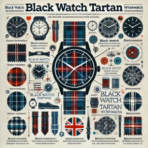 An infographic highlighting key features of Black Watch tartan wristwatches, including color patterns, materials, and styling tips