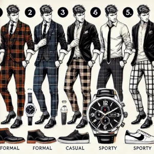 An illustration demonstrating how to style a Black Watch tartan wristwatch with different outfits, including formal, casual, and sporty looks