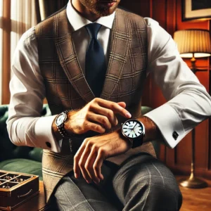 Stylish businessman wearing a Raymond Weil watch in an elegant setting, emphasizing luxury, sophistication, and timeless style.