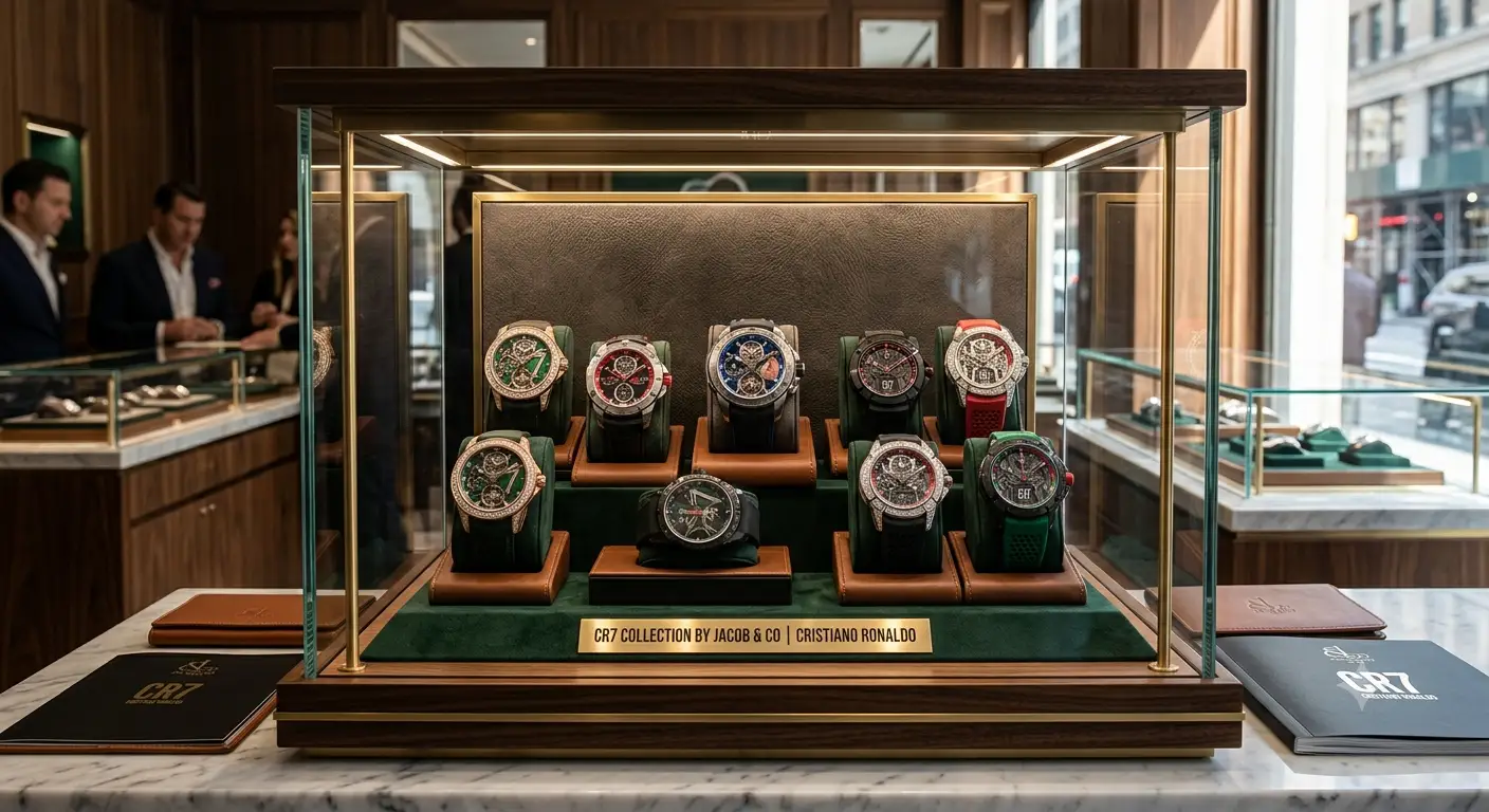 Cristiano Ronaldo's luxury CR7 watch collection displayed in a high-end luxury watch showcase.