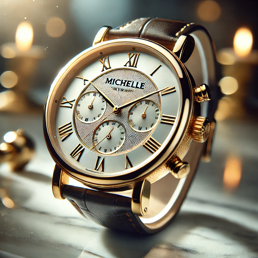 Elegant Michelle luxury watch displayed on a marble surface, featuring a detailed watch face and premium strap, perfect for timepiece enthusiasts.