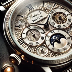 Close-up of a Michelle watch's intricate dial, featuring Roman numerals, a moon phase indicator, and diamond accents, highlighting its fine craftsmanship