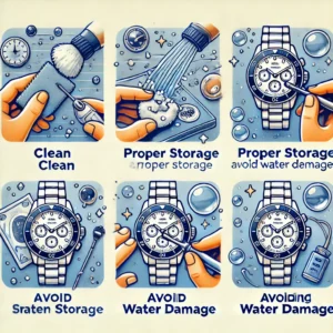 Step-by-step visual guide on maintaining a Michelle watch, covering cleaning, proper storage, and protection against water damage