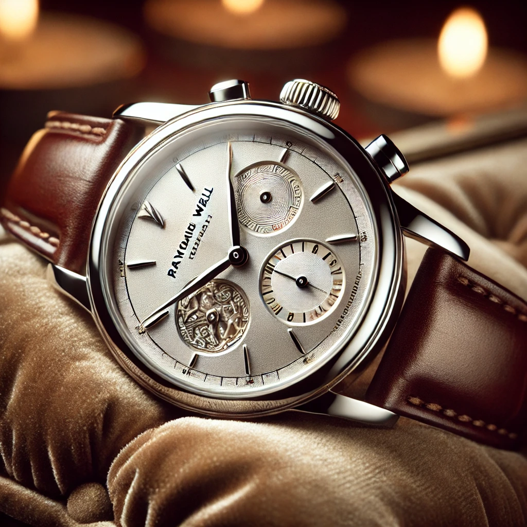 Elegant Raymond Weil Swiss watch with a stainless steel case, intricate dial, and leather strap, displayed on a velvet cushion with soft lighting highlighting its craftsmanship