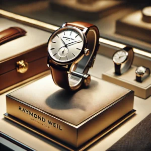 Elegant Raymond Weil watch displayed in a luxury boutique showcase with soft lighting and a refined aesthetic, highlighting its premium craftsmanship and high-end appeal.