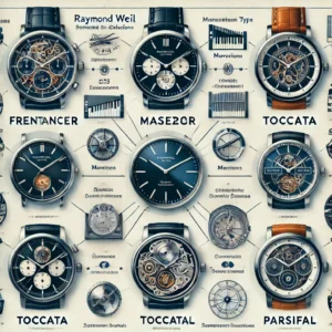 Infographic showcasing Raymond Weil watch collections, including Freelancer, Maestro, Toccata, and Parsifal, highlighting key features such as movement type, materials, and design style.