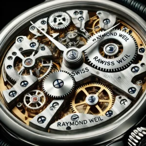 Detailed close-up of a Raymond Weil Swiss watch movement, showcasing the intricate gears, precision engineering, and fine craftsmanship of the mechanical timepiece