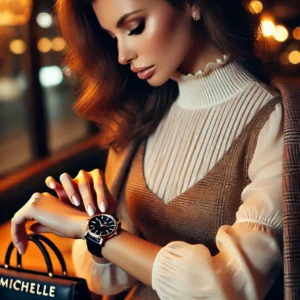 A stylish woman wearing a Michelle watch, elegantly dressed in a luxurious outfit, exuding sophistication in an upscale setting.