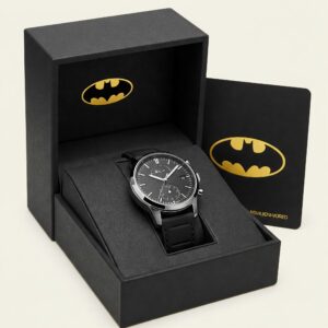 A high-quality image of a Batman watch in its stylish packaging, ready to be gifted or displayed.