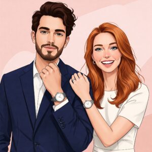 "Illustration of a couple wearing matching his and hers watches, showing coordinated style."