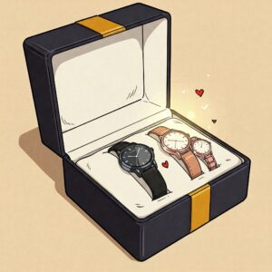  "Illustration of a his and hers watch gift set in a box, ideal for celebrating special occasions."