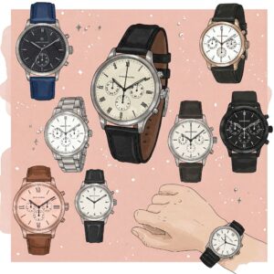 "Illustration showcasing various his and hers watch styles, including classic, modern, and sporty designs."