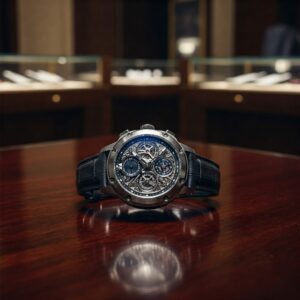 A high-quality, professional photograph showcasing a luxurious Pagani watch with a sleek, modern design, resting on a polished, dark mahogany table within a sophisticated, high-end showroom.