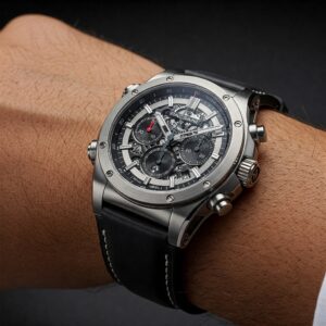A meticulously composed photograph focuses on a person's wrist, featuring a sophisticated Pagani watch.