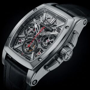 A detailed close-up of a person's wrist adorned with a luxurious Pagani Design watch, highlighting its sleek black leather strap and intricate silver dial.