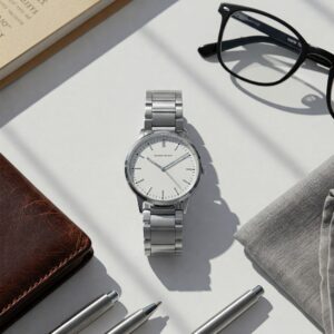 Simple style exemplified by a plain jane watch alongside everyday essentials.