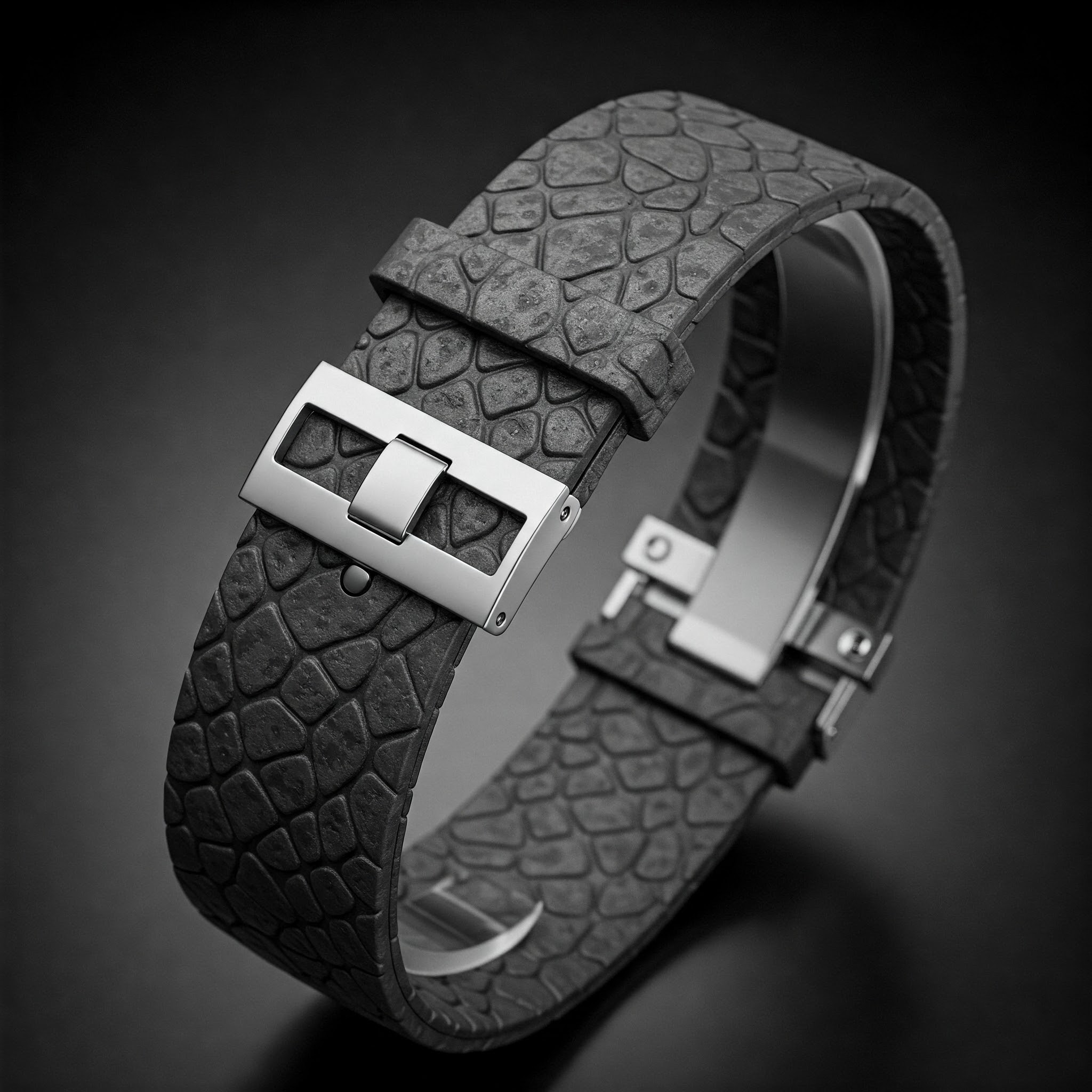 Close-up of a durable shark watch band showing its unique texture and secure clasp.