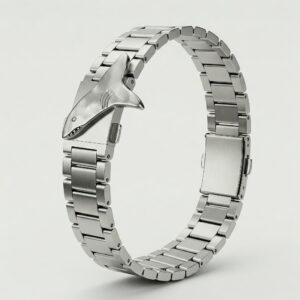 Polished stainless steel shark watch band with a classic design.