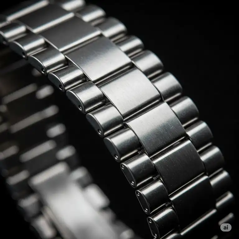 "20mm watch bracelet close-up of a sleek stainless steel, showcasing its polished links."