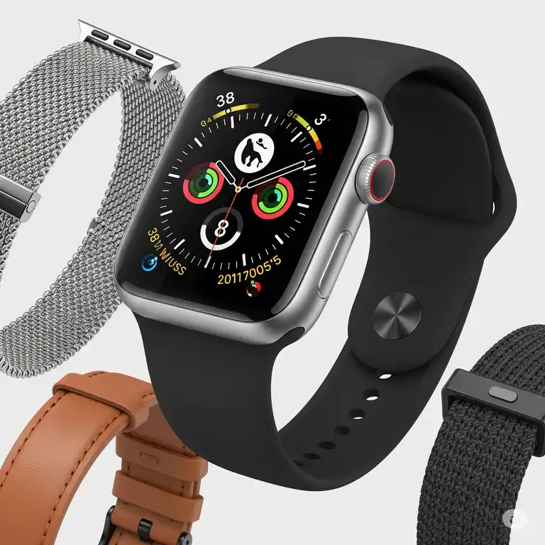 A stylish 38mm Apple Watch Series 3 with various high-quality **38mm Apple Watch Series 3 bands** displayed, showcasing different strap options.