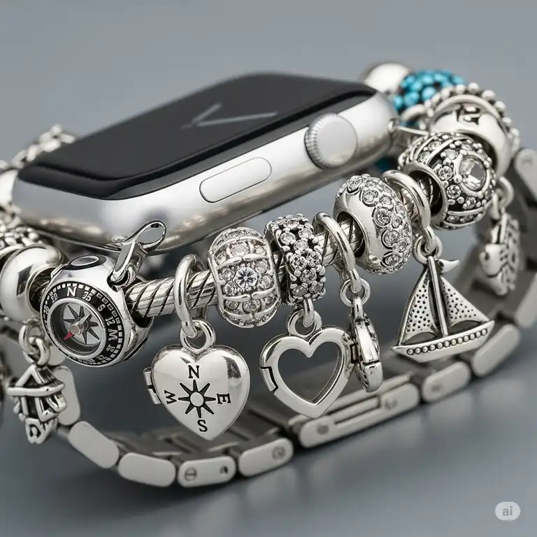 Stylish Apple Watch with decorative apple watch charms, perfect for personalizing your smartwatch band.