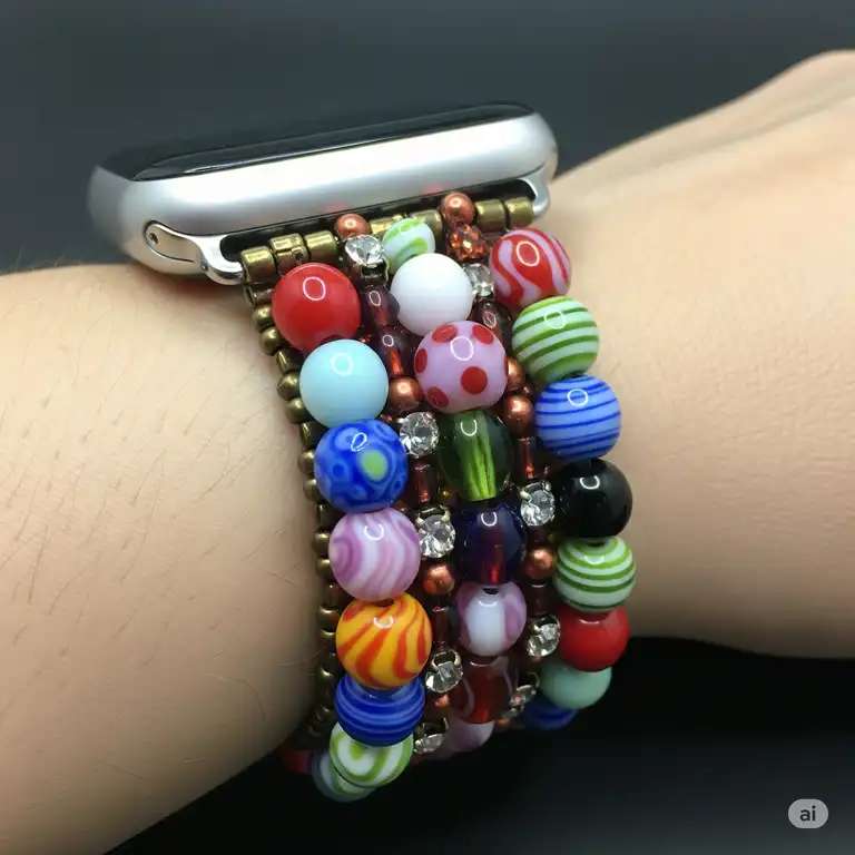 Close-up of a stylish handmade beaded Apple Watch band, showcasing colorful glass beads and a comfortable fit.