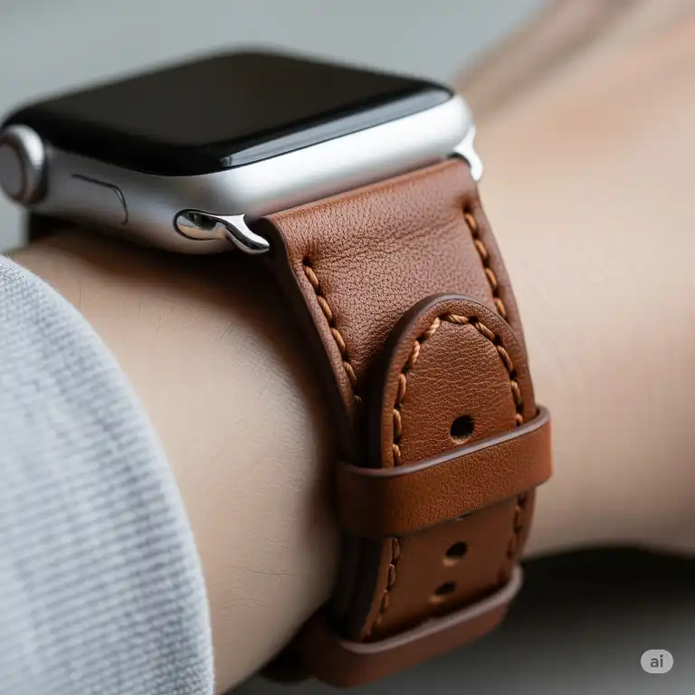 Close-up of a stylish brown leather Apple Watch band on a wrist, showcasing its elegant design and premium craftsmanship.