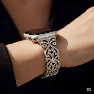 "Stunning diamond Apple Watch band shimmering on a wrist, showcasing its elegant design and luxurious appeal."