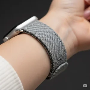 A close-up of a stylish fabric apple watch band wrapped around a wrist, showcasing its comfortable texture and secure fit.