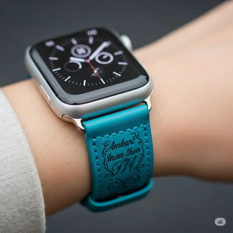 Close-up of an Apple Watch personalized bands on a wrist, featuring a personalized leather band in a vibrant color, showcasing custom engraving.