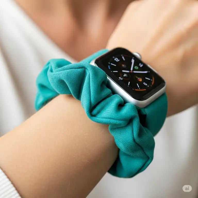 Scrunchie apple watch band in stylish teal on a wrist, showcasing comfort and fashion for everyday wear.