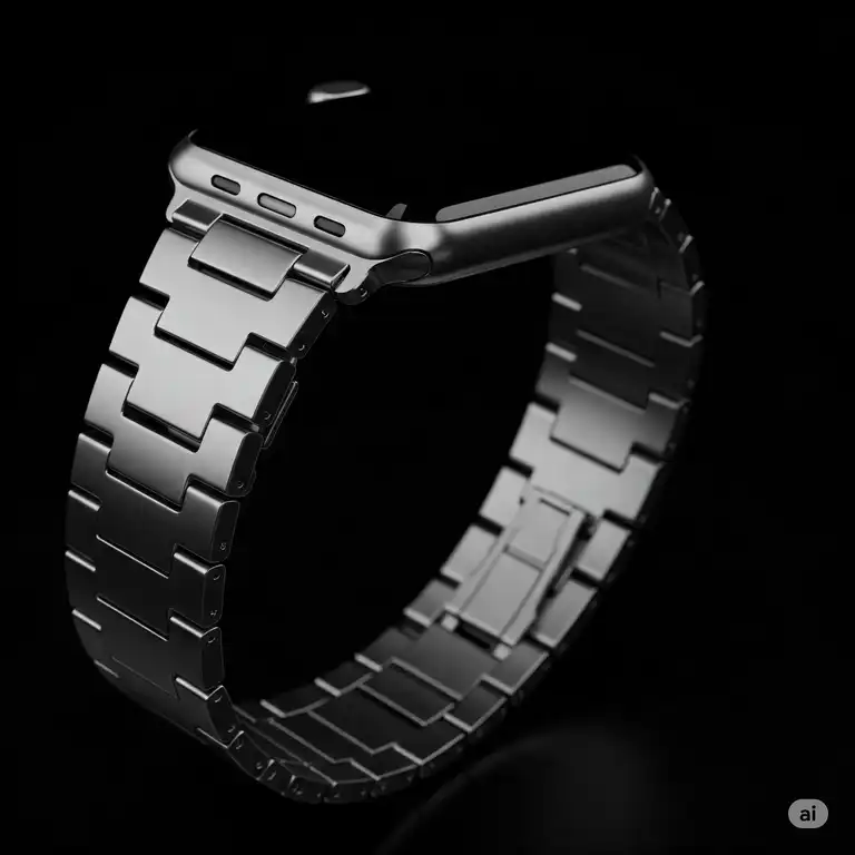 "Close-up of a sleek silver apple watch band showcasing its polished finish and elegant design."