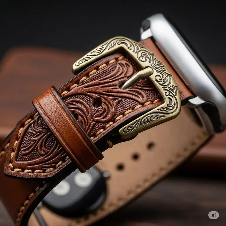 "Close-up of a stylish genuine leather western apple watch band with intricate tooling and a rustic buckle, perfect for adding a touch of cowboy flair to your smartwatch."