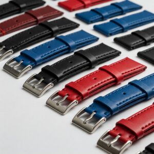 Collection of 16mm watch straps in various colors including black, blue, and red.