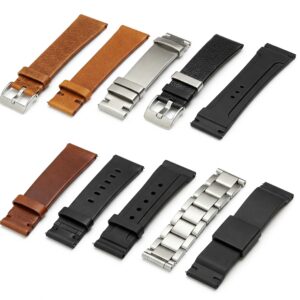 Variety of 16mm watch straps in different materials like leather, silicone, and metal.