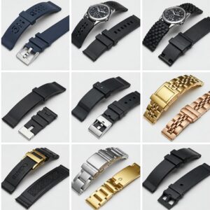 Showcase of different 16mm watch strap styles, from sporty silicone to elegant metal.