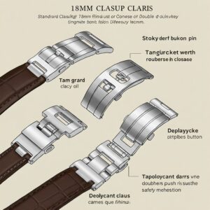 "18mm Watch Band: Different types of clasps available, including buckle and deployment."