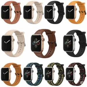 An assortment of **38mm Apple Watch Series 3 bands** crafted from silicone, leather, and nylon materials.


