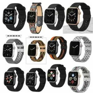 Collage showcasing various Apple Watch personalized bands made from different materials like silicone, nylon, and stainless steel in a range of colors.