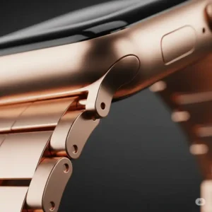"Close-up view of the luxurious rose gold apple watch band material, highlighting its texture."