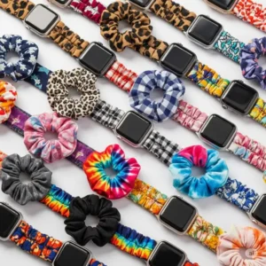 Scrunchie apple watch band collection featuring various colorful bands in different patterns and fabrics.