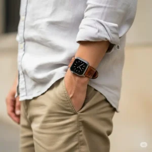 "Person wearing a brown western apple watch band on their wrist, showcasing how the unique design complements a casual outfit."