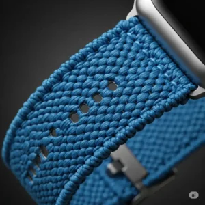 Detailed image of a woven fabric apple watch band in a vibrant blue, highlighting the intricate weave and durable material.
