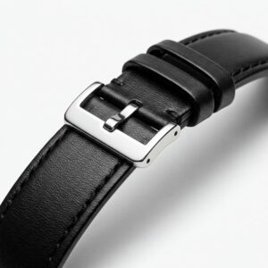 Sleek black 20mm leather watch band with a stainless steel buckle.