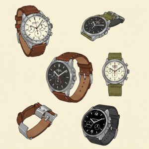 Illustration showing a 20mm leather watch band attached to different watch models.