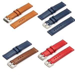 Collection of 20mm leather watch bands in various colors like tan, blue, and red.