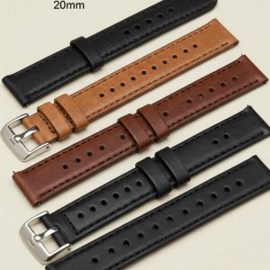 Visual showcasing the different types of leather used for 20mm watch bands, such as full-grain and top-grain.